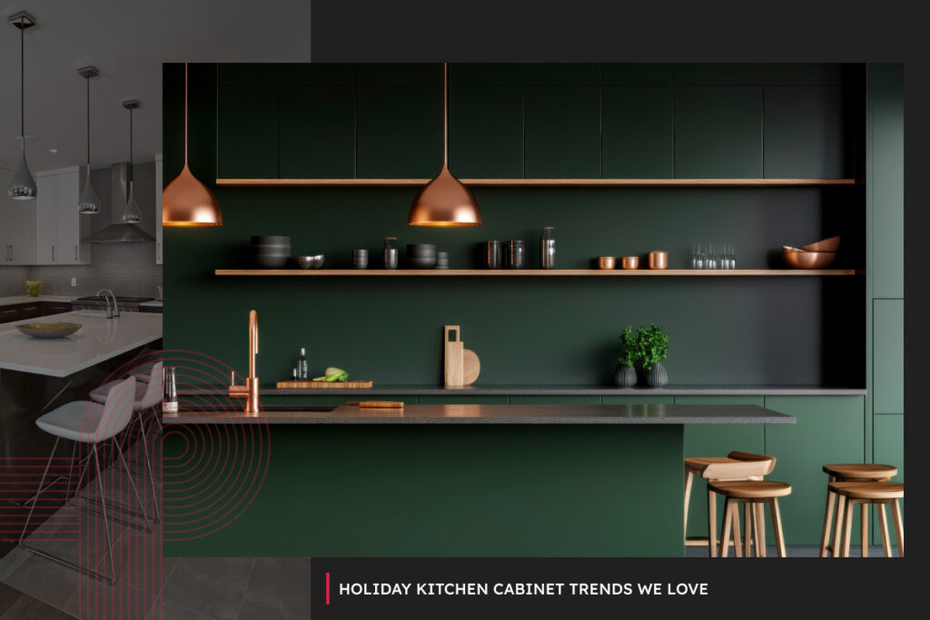 A modern kitchen design featuring deep green cabinets, open wood shelving, and copper accents. Florkowsky’s Woodworking highlights custom cabinetry trends for the holiday season